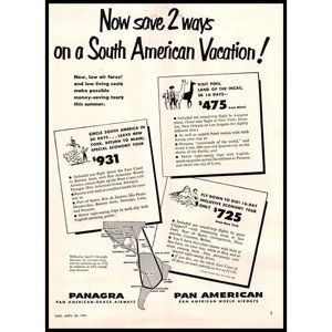 1951 Pan American Pan Agra Airways Vintage Print Ad South America Travel Photo